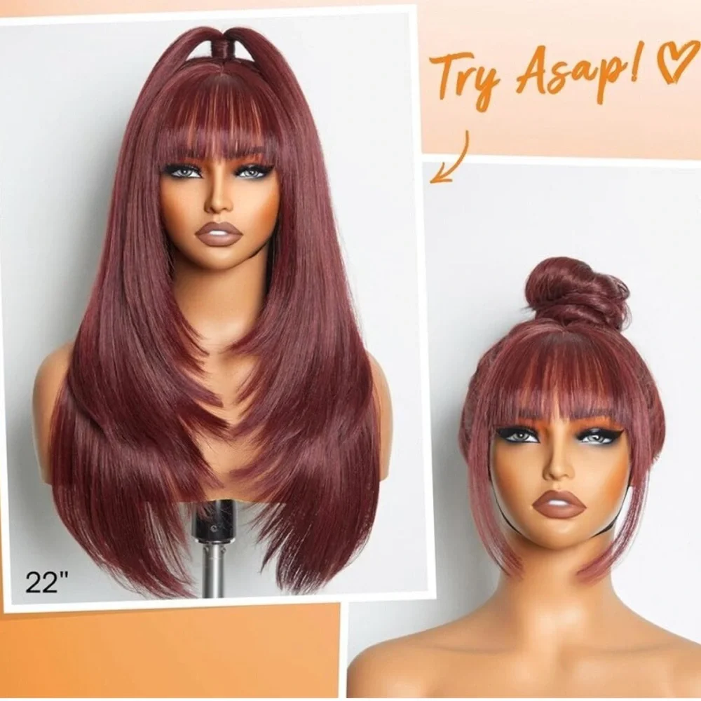 Straight Layered Wigs with Bangs Glueless Burgundy Color Wig 22 Inch Put On&Go!